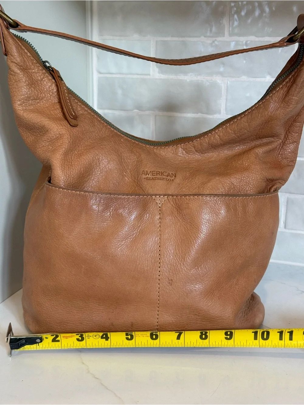 American Leather Co Tan Pebbled Leather Hobo Shoulder Bag Soft Slouch Zip Purse